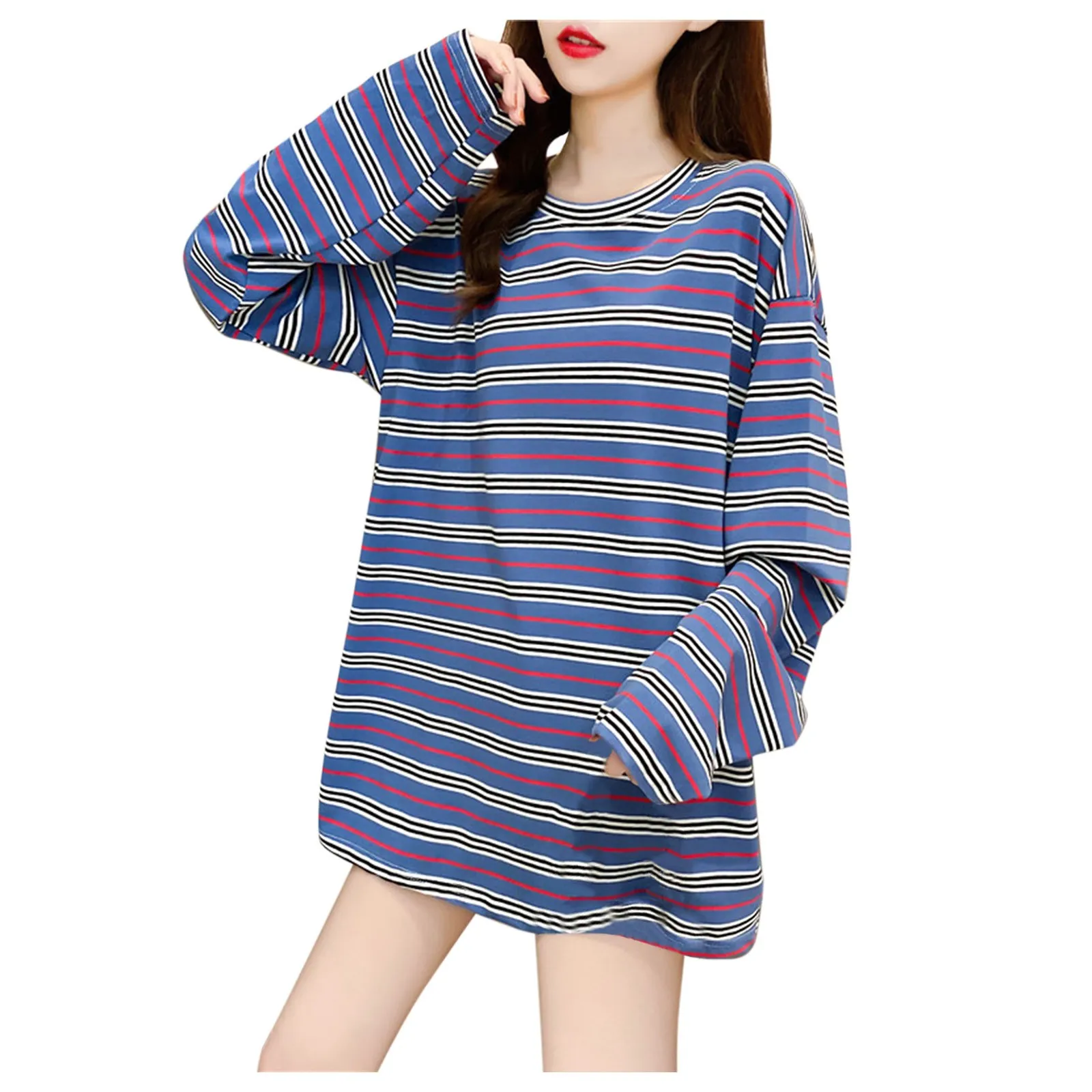 Woman Tshirts Graphic T Shirts Women Loose Rainbow Contrast Color Striped O-neck Top Long Sleeve T-shirt T-shirty Damskie