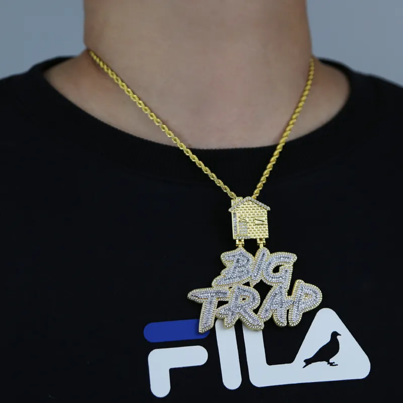 Iced out Letter Big Trap with house pendant pave full cubic zircon fit cuban chain hip hop necklace jewelry whole292l