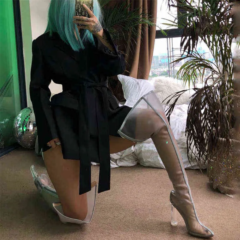 2022 New Mesh Neon Green Sandal Boots Women Sexy Over The Knee Boots Pointed Toe High Heels Party Shoes Woman Thigh High Boots Y220817