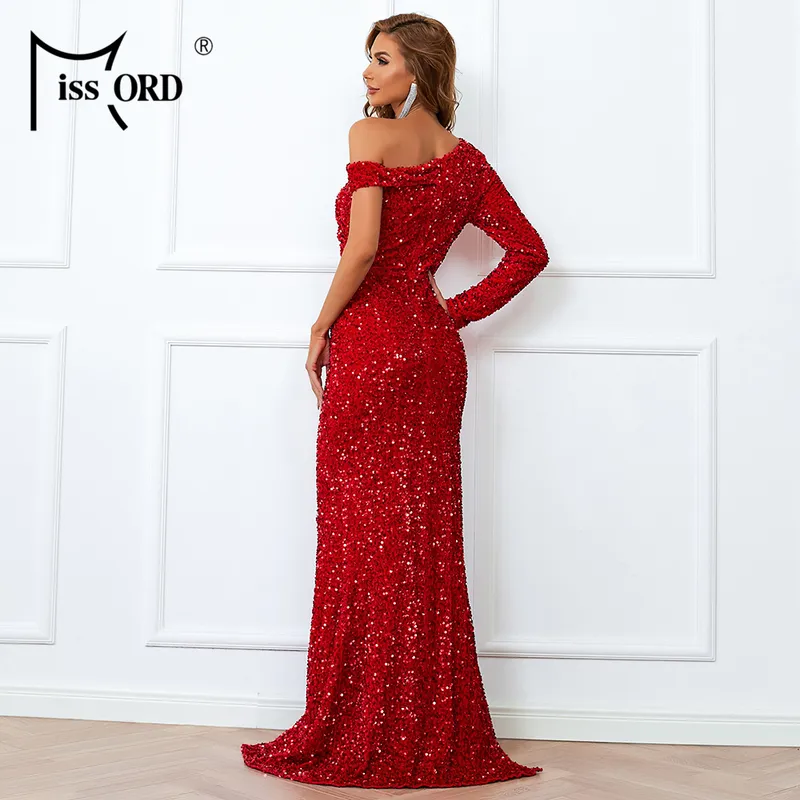 Missord Autumn Asymmetrical Shoulder Sequin Long Sleeve Party Dresses High Split Maxi Women Red Dress Elegant Evening Vestido 220510