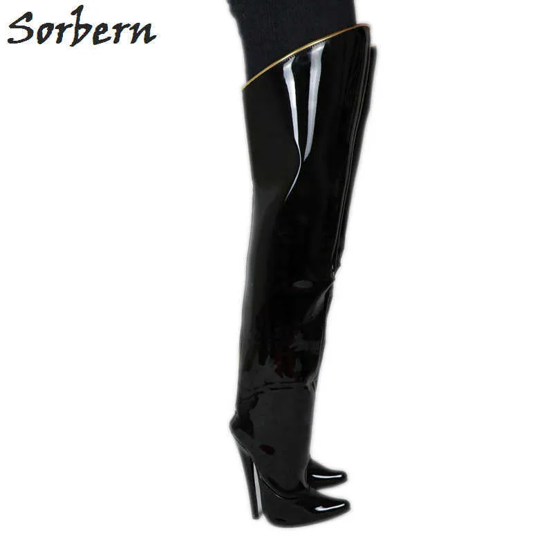 Sorbern 18 cm Stiletto-High-Heels-Stiefel für Damen über dem Knie, harter Schaft, Reißverschluss, goldene Paspelierung, Oberschenkelhoch