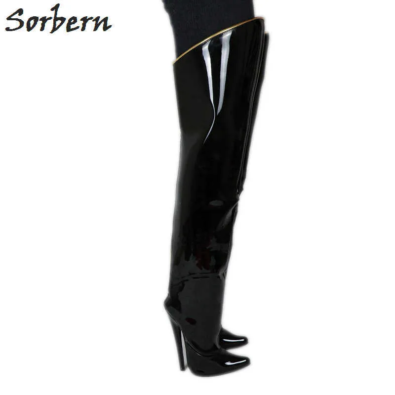 Sorbern 18Cm Stiletto High Heels Boots Women Over The Knee Hard Shaft Zip Gold Piping Thigh High