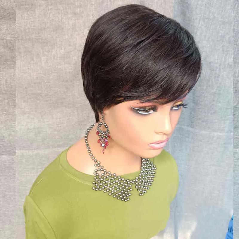 Short Bob Human Hair Wig with Bangs Pixie Cut For Black Women Nature Color Full Machine Made Brazilian Cheap s 220713