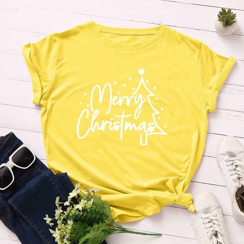 夏の綿の女性Tシャツファッションメリークリスマスツリープリント半袖グラフィックティートップカジュアルOネックデイリーレギュラーTシャツ220511