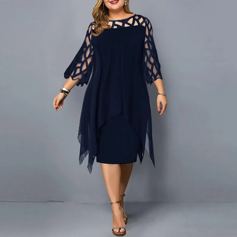 Plus Size Dresses Summer Lace Mesh Sexy Elegant Midi Party Sequin Dress Loose Long Sleeve Women s Clothing Clubwear 4XL 5XL 6XL 220526