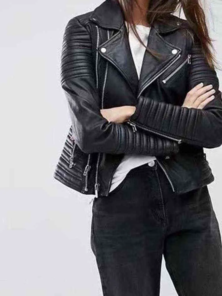 秋のフェイクレザージャケット女性ターンダウンカラーPUオートバイブラックパンクコート女性リベットジッパーアウターウェアL220801