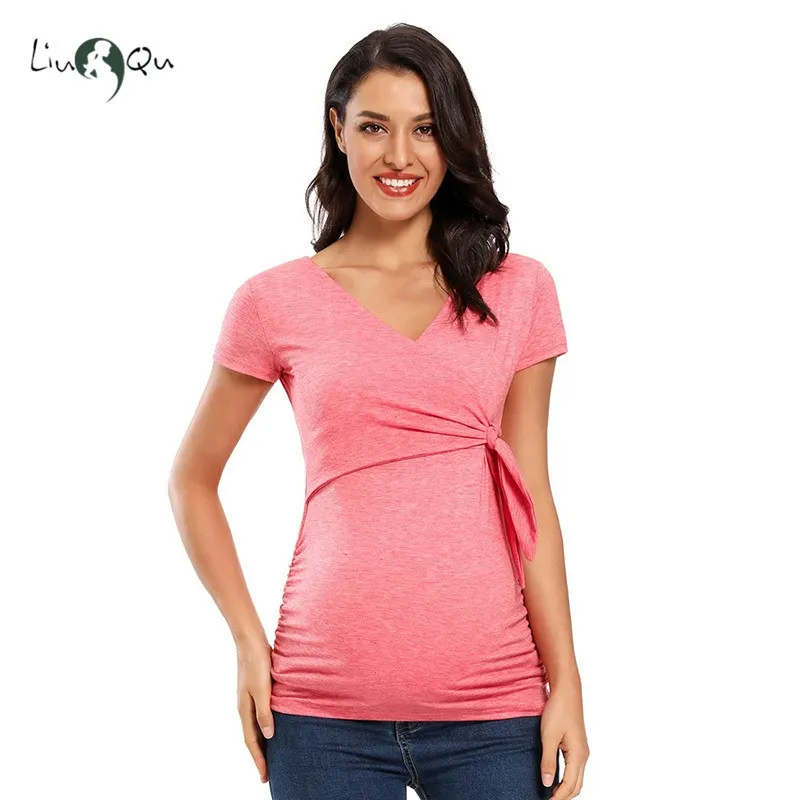 T-shirt a maniche corte da donna Maternità estiva Top in gravidanza tinta unita camicette da gravidanza 220419