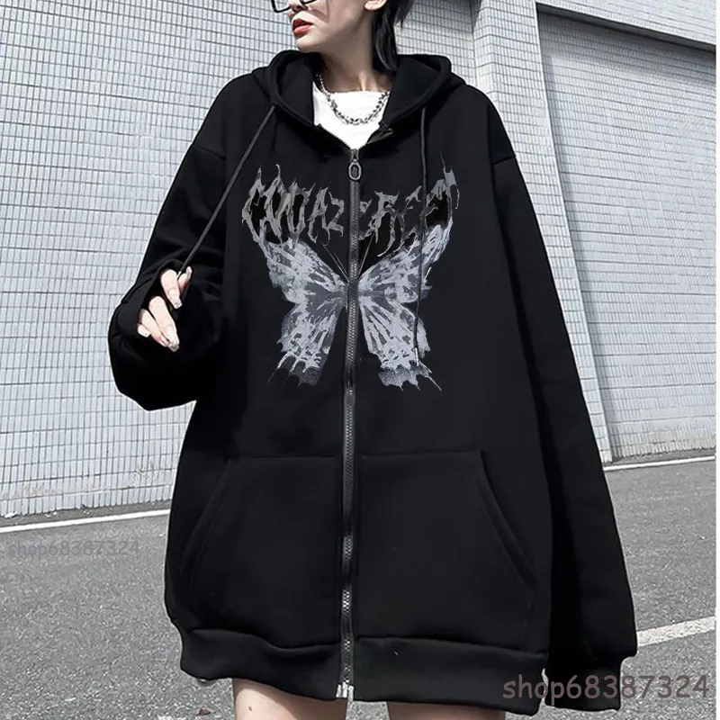 Y2k streetwear hoodie toppar punk gotisk överdimensionerad skalle vinge ond låga unisex cardigan dragkedja tröja män kvinnor jackor rockar 220816
