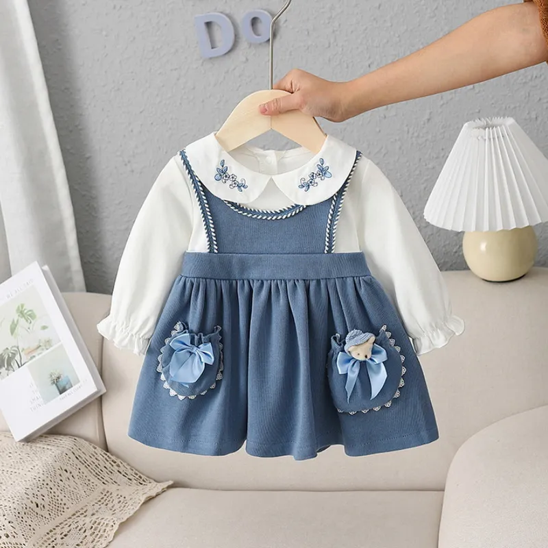 Spring Family Matching Sister Clothes Long Sleeves White Blue Patchwork BodysuitPrincess Baby Dress Outfits E9190 220531