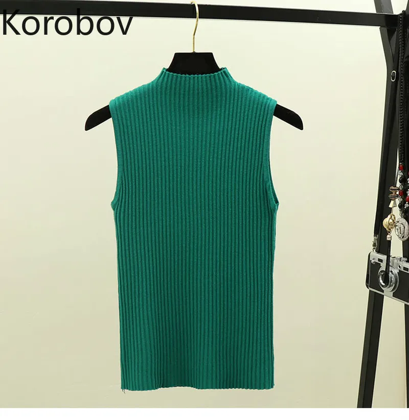 Korobov Seksi Kolsuz Örgü Yelek Mutlicolor Yarım Yüksek Boyun Slim Fit Alt Tank Top Yaz Rahat 2A592 220325