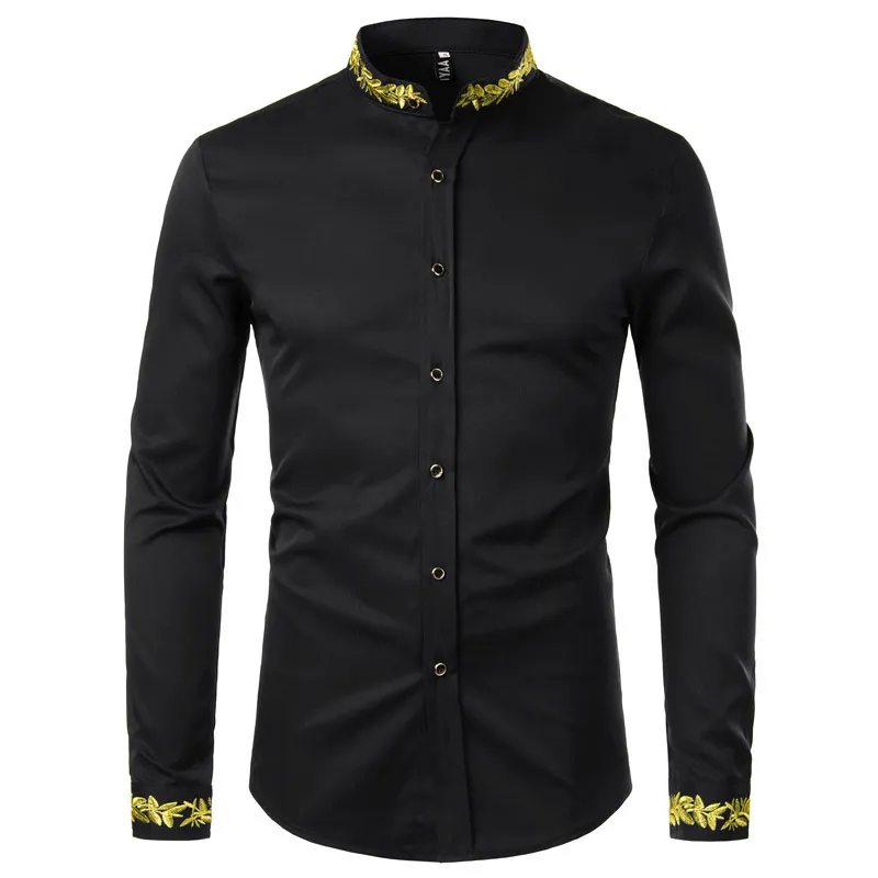 Gouden borduurwerk wit shirt mannen merk stand kraag heren jurk shirts casual slanke lange mouw chemise homme camisa masculina 220322