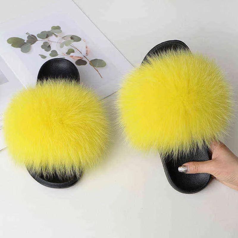 COOLSA Nouvelles Femmes Casual Furry Fourrure Tongs Véritable Fourrure De Renard Sandales Lady Fluffy Diapositives Femmes En Peluche Plat Pantoufles Voyage Chaussures G220730