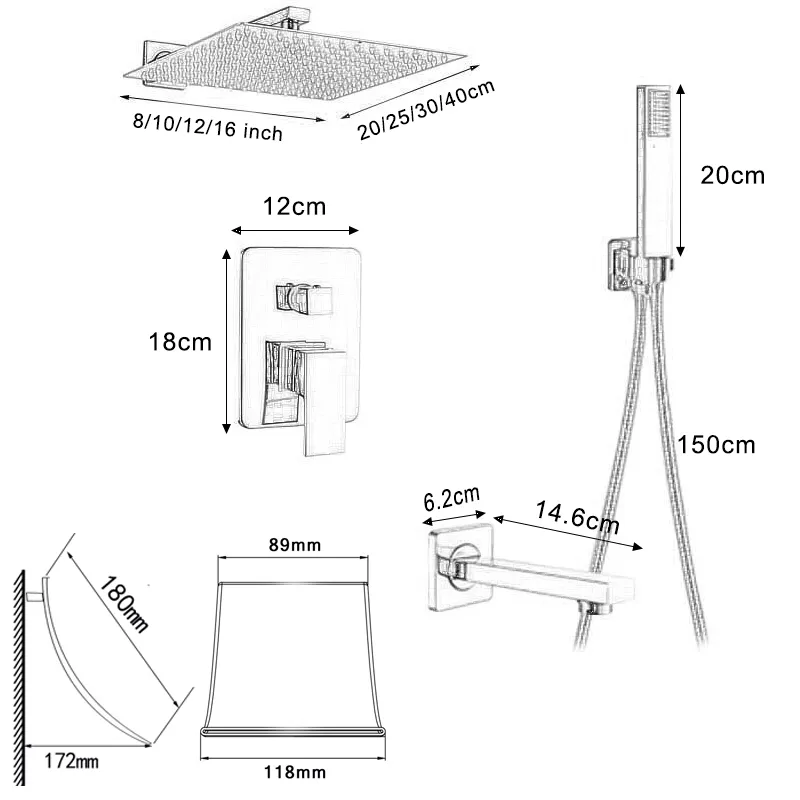 Chrome Wall Mount Rainfall Bathroom Shower Faucet Set Concealed System 16'' Head with Swivel Tub Spout 3 ways Mixer Taps