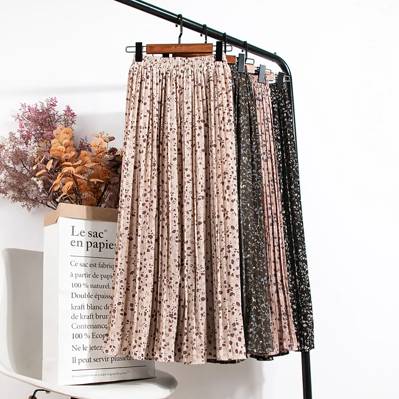 Croysier Röcke für Damen, hohe Taille, Blumendruck, mittlere Wade, langer Faltenrock, Damen-Sommer-Vintage-eleganter Chiffon-Midirock 220521