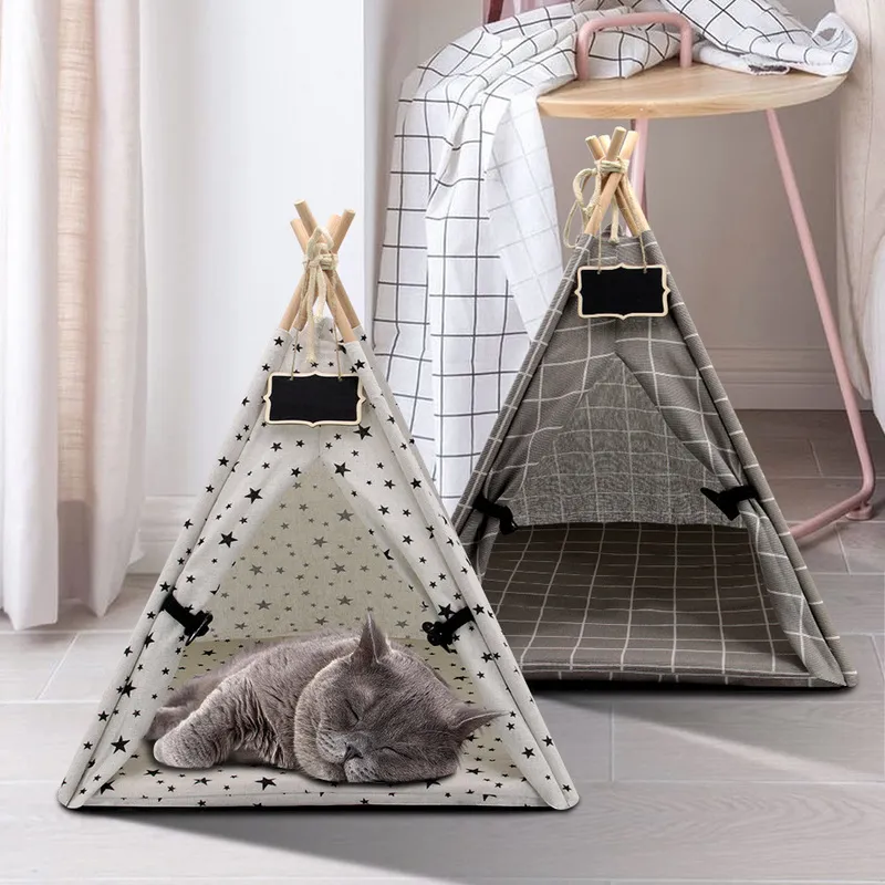 Pet Tent House Cat Bed Portable Teepee Thick Cushion Available for Dog Puppy Outdoor Indoor Linen Supplies 220323