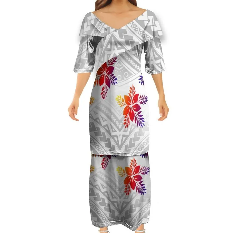 Brand Polynesian Tribal SubliMation Print V-Neck Puletasi Women Half Sleeve Dress Anpassade mönster Klänning Size 7XL 220706