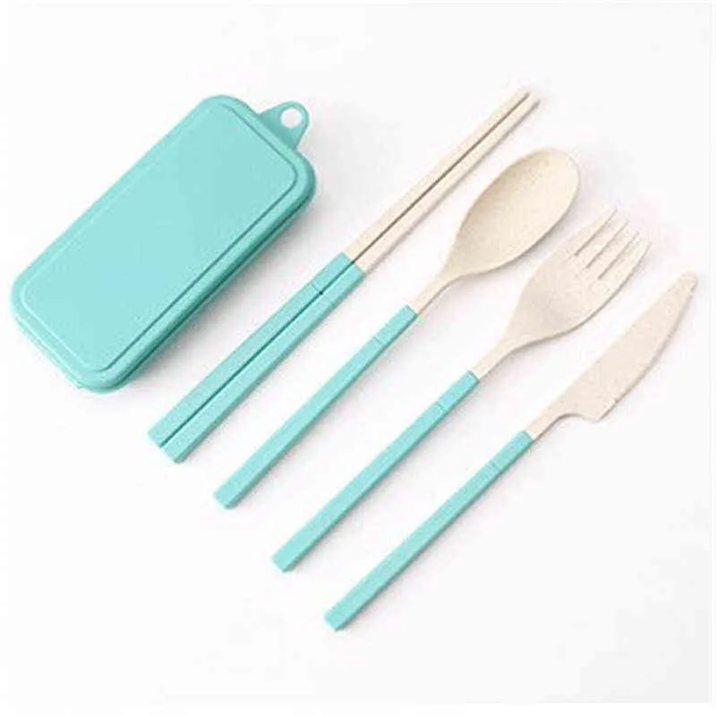 4stPortable Wheat Straw Fork Cutlick Set Foldbara Folding Chopsticks Cotestler med Box Picnic Camping Travel Table Set Y220530