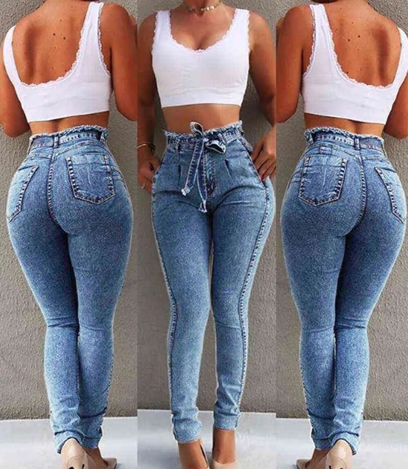 Stretch femmes jean 2022 mode Sexy pantalon maigre confortable taille haute jean rétro jean lavé bleu petit ami pantalon L220726