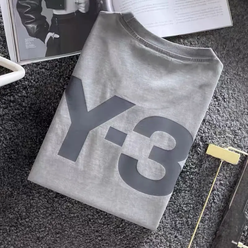 Erkek ve Kadınlar Kısa Kollu Y3 Sıradan T-Shirt Pamuk Yuvarlak Boyun Gevşek Mektup Baskı Retro Açık Gri Tişört