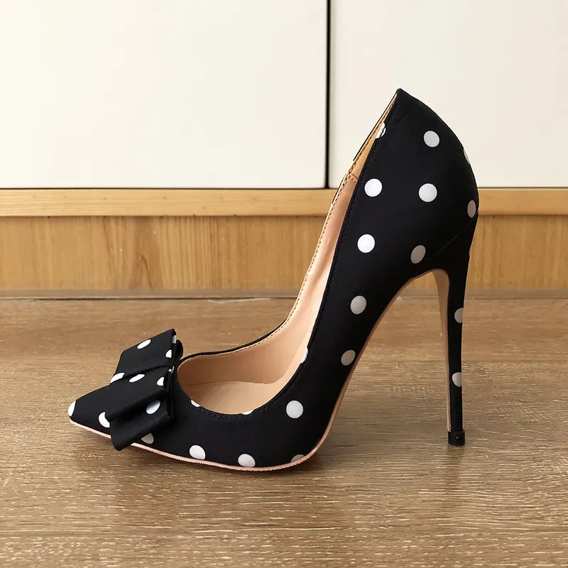 Vowalk polka dot mulheres de seda cetim apontado toe stiletto saltos altos saltos arco nó elegante senhoras sapatos de festa 8cm 10cm 12cm bombas preto 220402