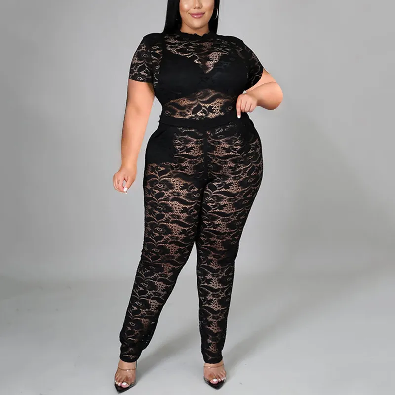 Sexy dentelle 2 pièces tenue ensembles femmes pantalons moulante taille haute solide Transparent soirée soirée Club correspondant ensembles 220511