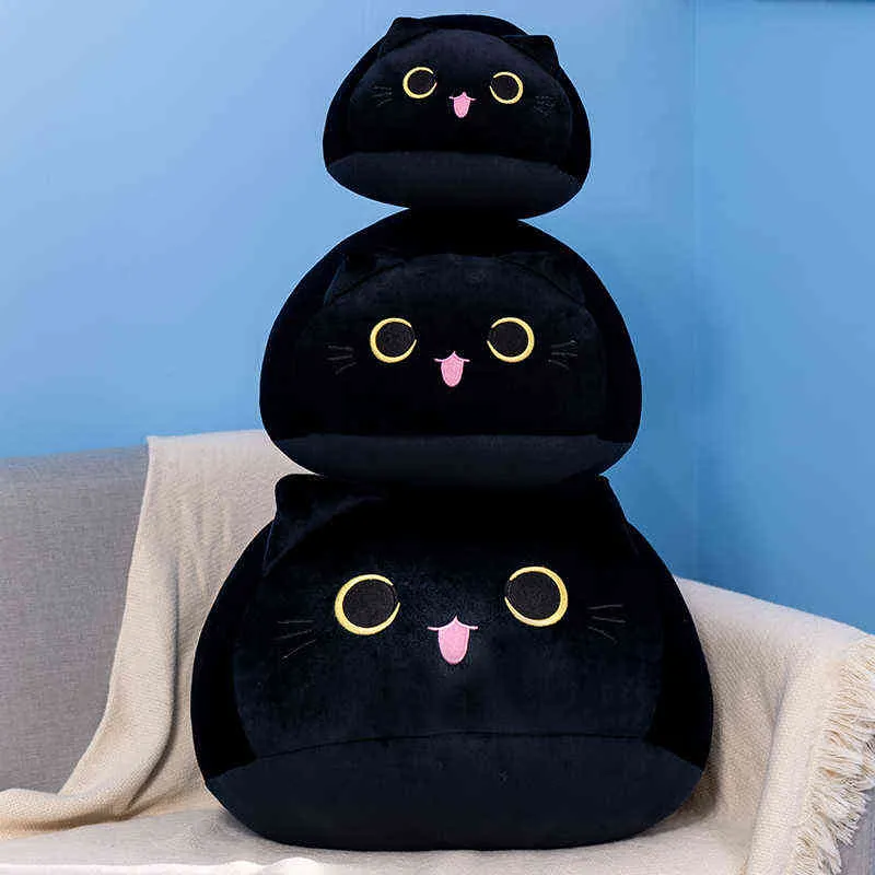 Mjuk rund boll svart kattformade plysch kuddar docka härlig tecknad shiba inu hund djur fyllda leksaker flickor födelsedagspresenter j220704
