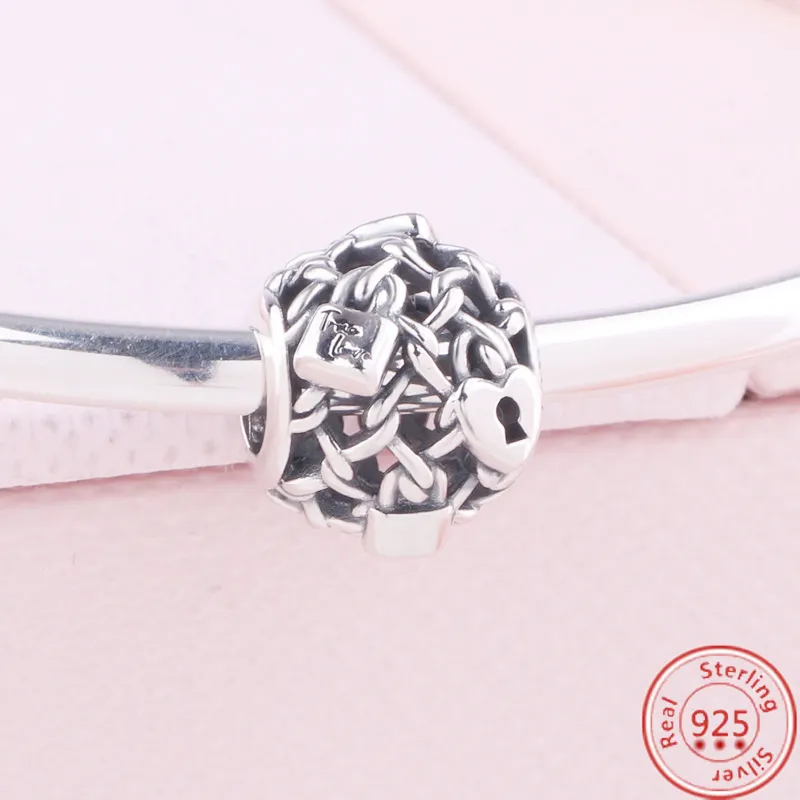 925 Sterling Silver Ciondola Charm Lock Key Lucchetto Cuore Love Pendant Moda Hollow Bead Fit Pandora Charms Bracciale Gioielli fai da te Accessori