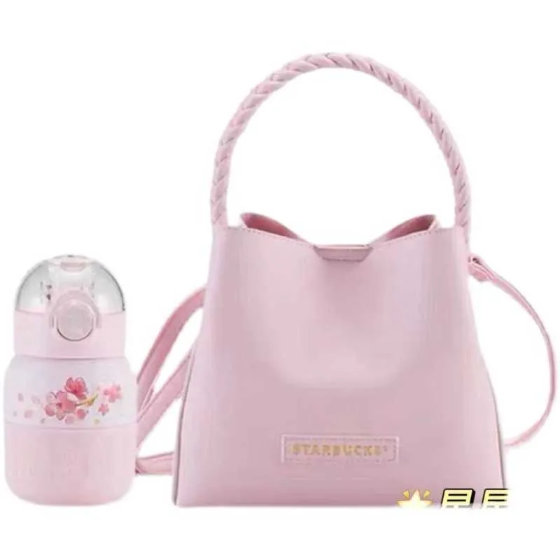 Conjunto de copo de palha de aço inoxidável 2022 Starbucks flor de cerejeira 375ml Cherry Blossom com bolsa de mão rosa