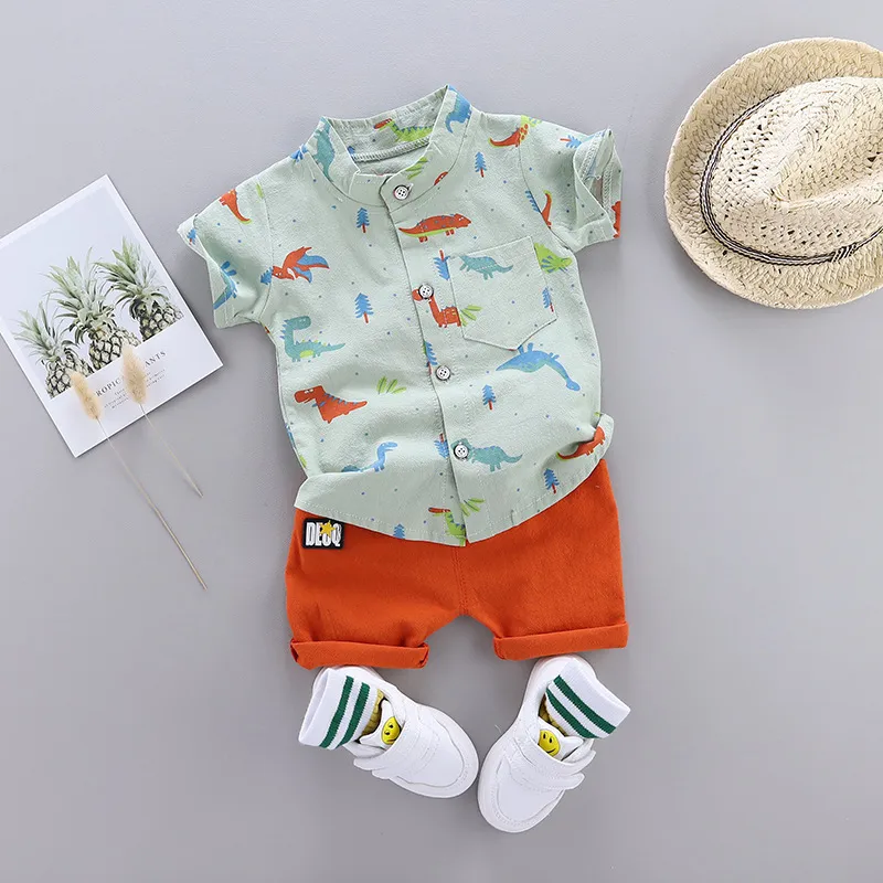 Mignon bébé garçon vêtements été ensemble dessin animé dinosaure imprimé chemise à manches courtes + pantalon pour 1 2 3 4 ans enfant enfant en bas âge tenue 220516gx