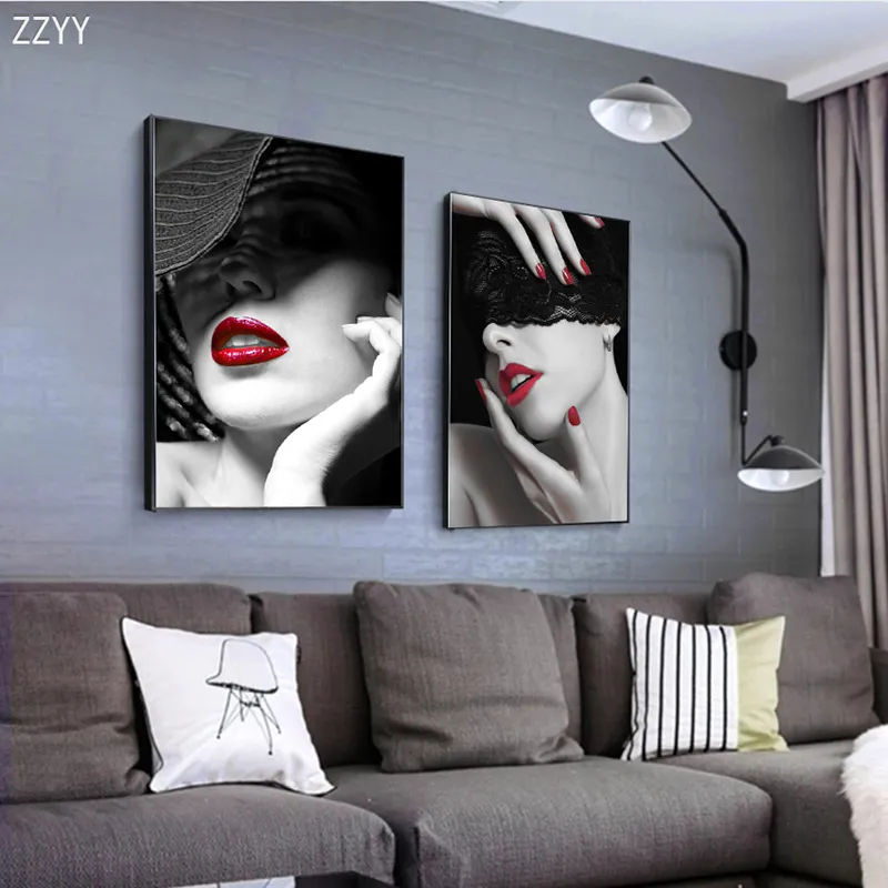 Immagini da parete donna moderna con labbra rosse sexy stampate su tela Poster donna moda soggiorno Pittura decorativa da parete la casa