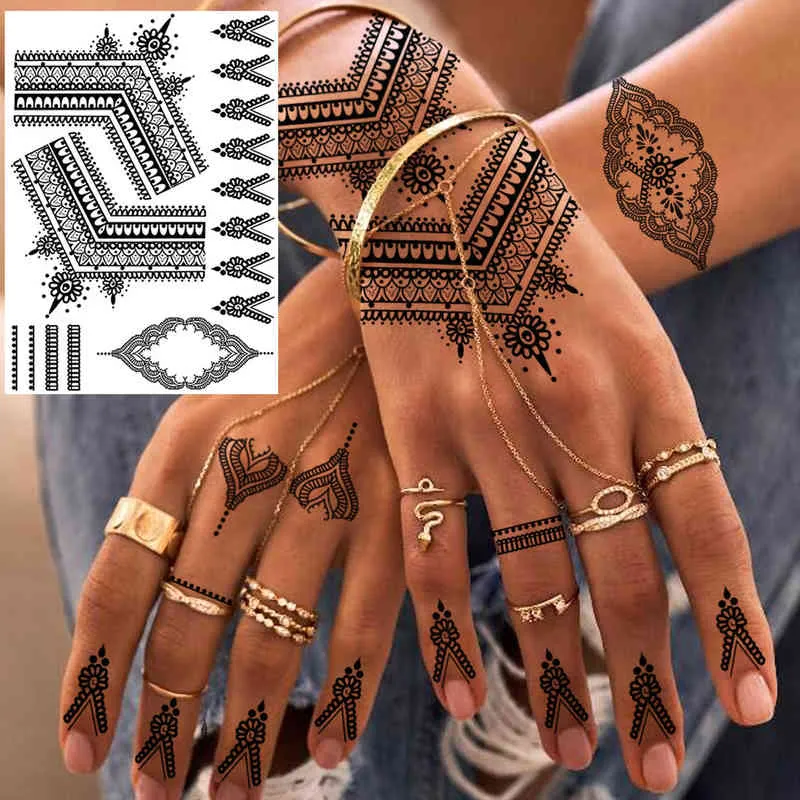 NXY Tymczasowy Tatuaż Rejaski Czarna Henna Koronki Tatuaże Naklejki Dla Kobiet Motyl Moty Mehndi Flower Fake Tatoo Feather Flora 0330