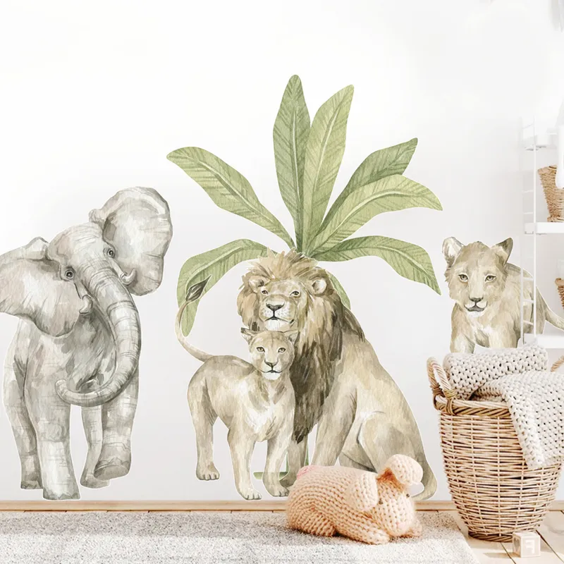 Dessin animé animaux africains Lion feuilles tropicales aquarelle pépinière autocollant mural peler et coller stickers muraux enfants chambre décor à la maison 220510