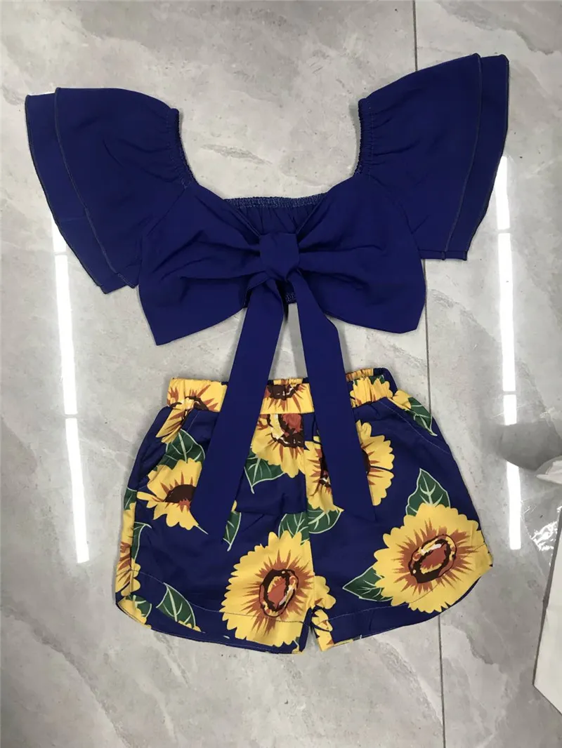 Costume Deux Pièces pour Anniversaire Filles Vêtements Ensemble Bowknot Tops Courts Tournesol Imprimer Shorts Tenues Enfants Fête Vacances Vêtements 220507