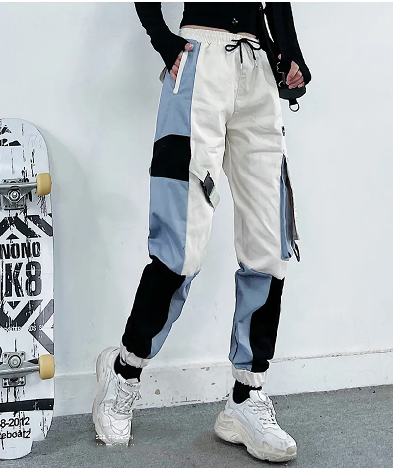 Bawełna Wysoka talia Luźne spodnie Cargo Streetwear Hip Hop Vintage Proste Harajuku Spodnie Kobiet 220325