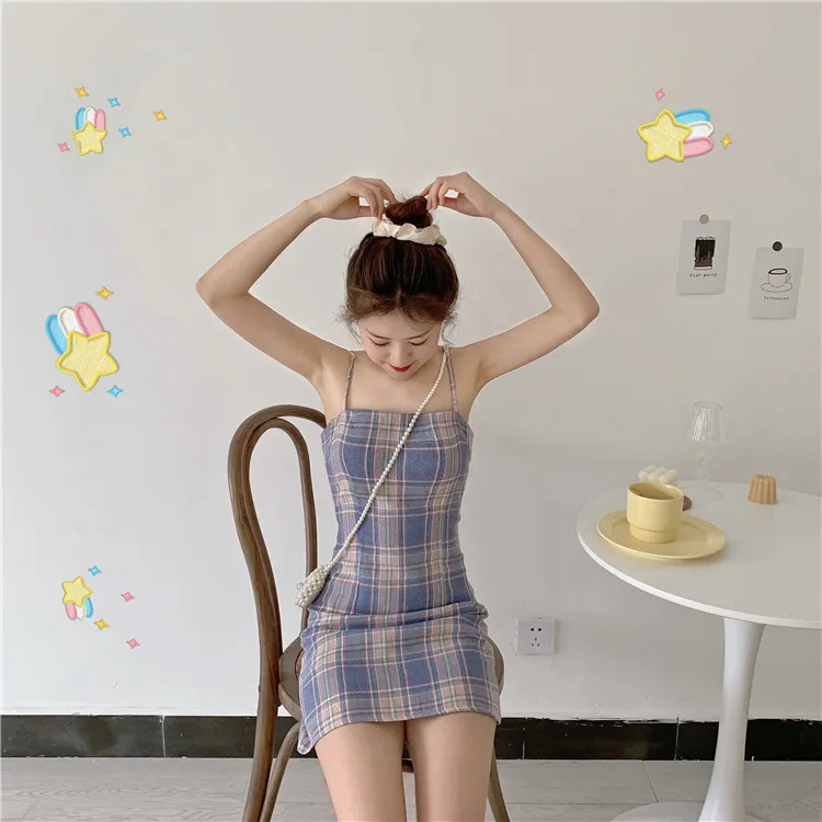 Summer women s dress Y2K slim and thin plaid skirt small fresh retro sweet student sling clothing Dresses 220602