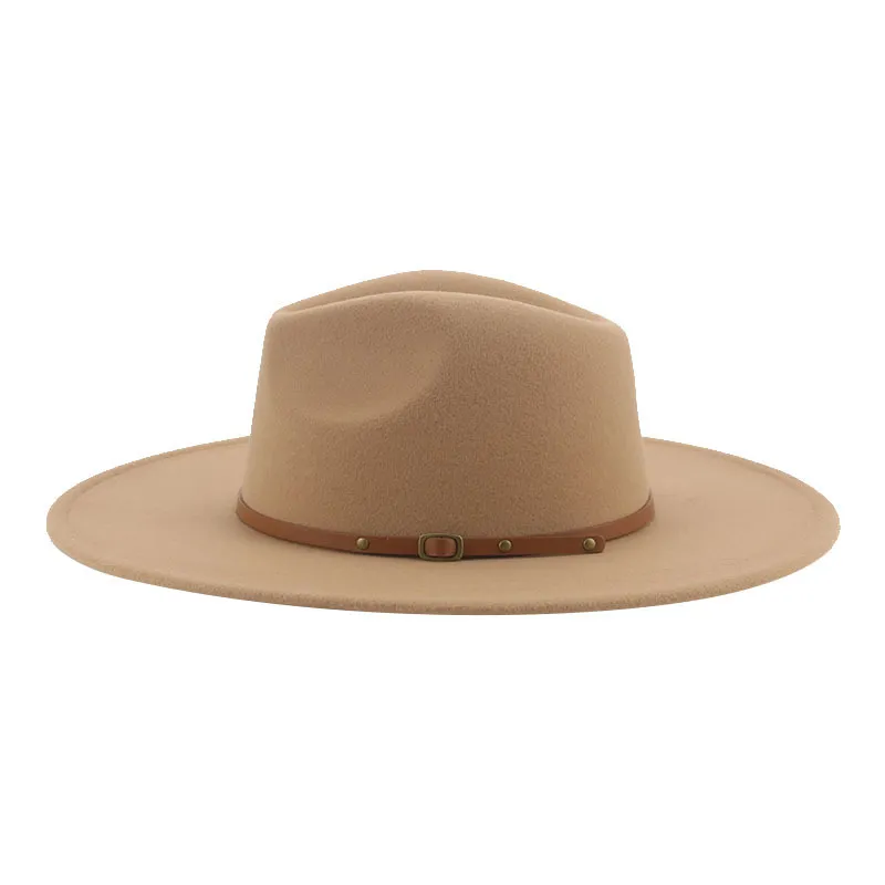 Женские шляпы зима Big Brim 9,5 см Сплошная группа Belta Fedora Hat Haki Black Outdoor Cowboy Jazz Caps шляпы для мужчин Sombreros de Mujer 220517