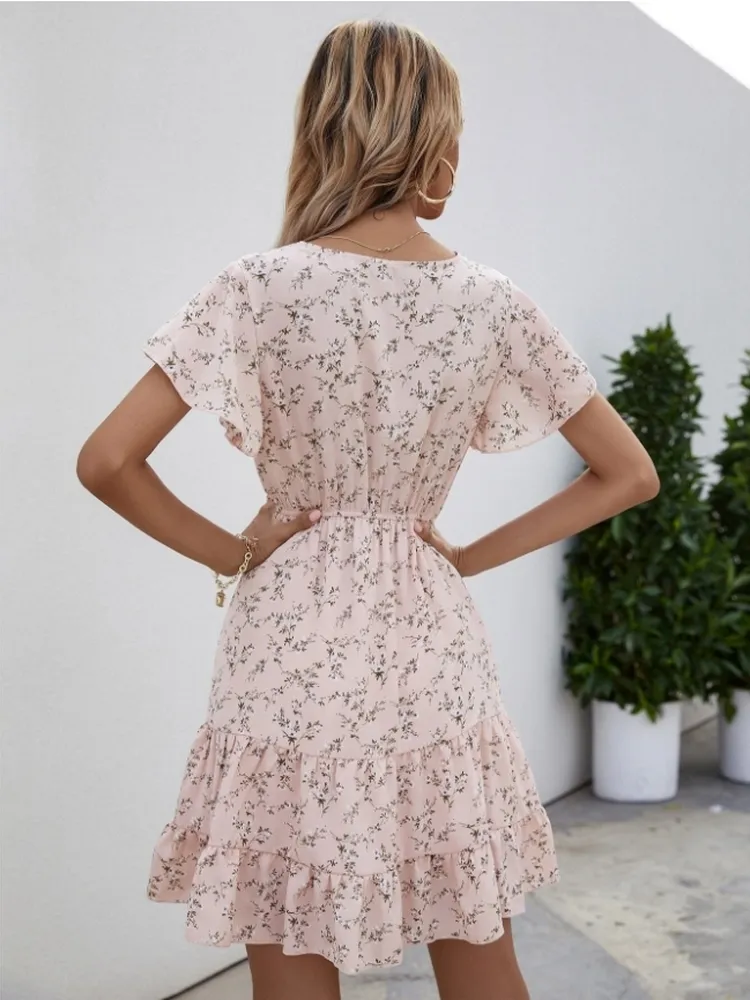 Allover Ditsy kwiatowy nadruk Ruffle rąbek A-line sukienka Summer Kobiety różowy rękaw Elastyczna talia