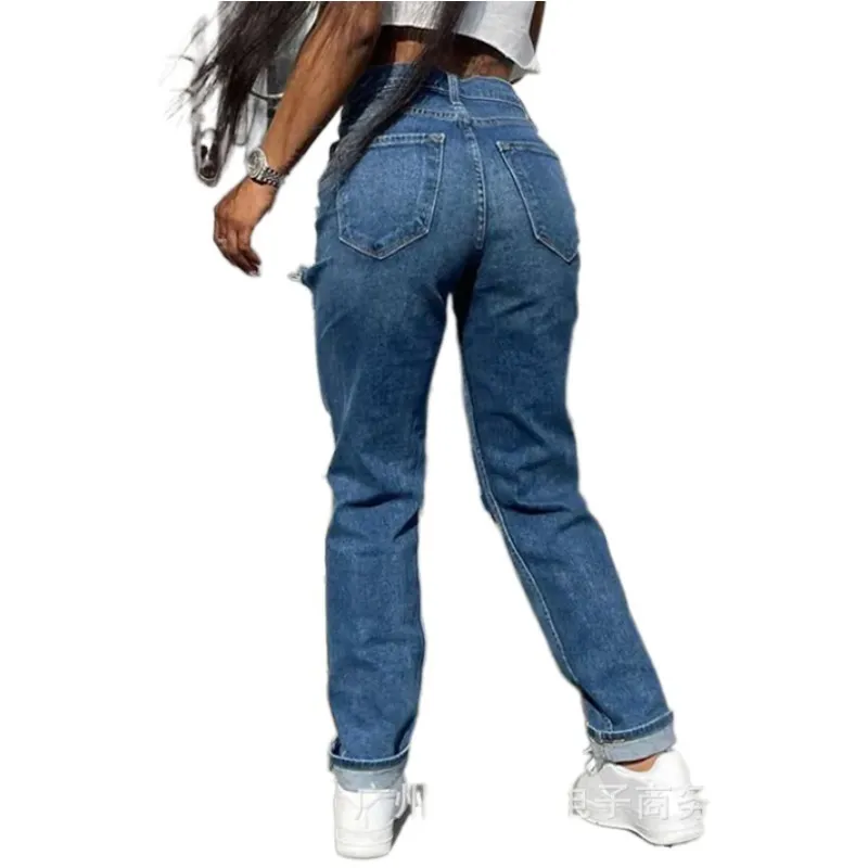 Jeans pour femmes évider déchiré Jeans droits femmes bleu Punk Baggy taille haute maman petit ami D 220824