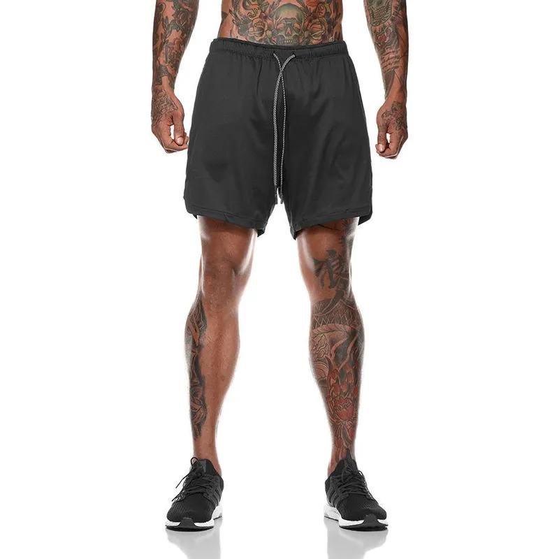 Pantalones cortos de jogger de doble capa Hombres 2 en 1 Pantalones cortos Gimnasios Fitness Bolsillo incorporado Bermudas Playa de secado rápido Pantalones de chándal masculinos 220318