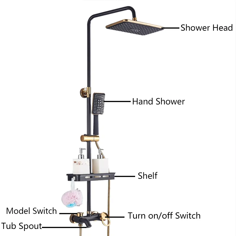 Set di rubinetti doccia in oro nero set da bagno kit di doccia con pioggia con scaffale a parete girevole morsa cucciolo di mixer freddo mixer caldo