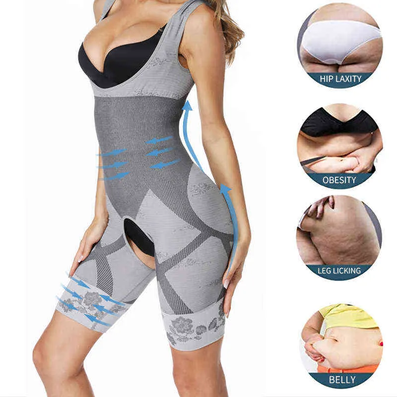 Kvinnor Shapewear Bodysuit Full Body Shaper Fiber Midje Trainer Corset Magic Slim Mage Control Slimming Bodysuit Dij Reducer L220802