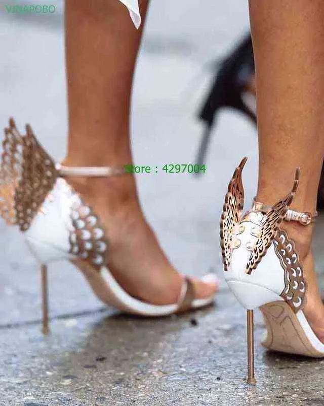 New Luxury Stiletto Pumps Bridal Wedding Shoes Metal Heel Ankle Strap Sandales Talon Femme Fretwork Butterfly Wing Women Sandals220513