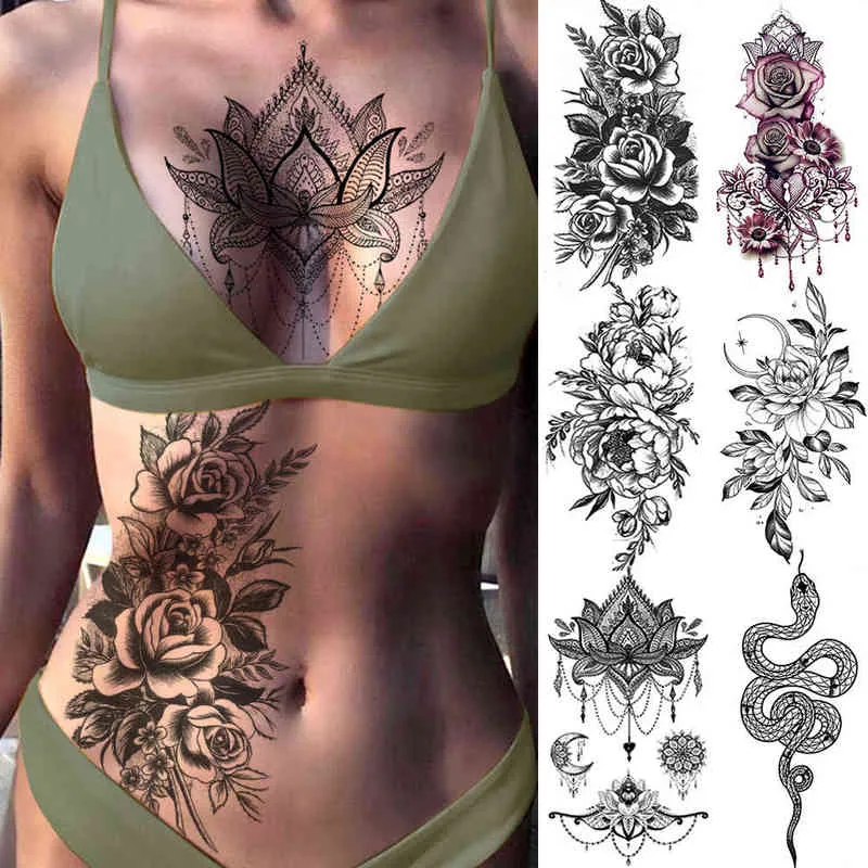 NXY Tymczasowy Tatuaż Purpurowy Róża Biżuteria Transferu Wody Naklejki Kobiety Body Chest Art Girl Waist Bransoletka Flash Tatuaos Kwiat 0330