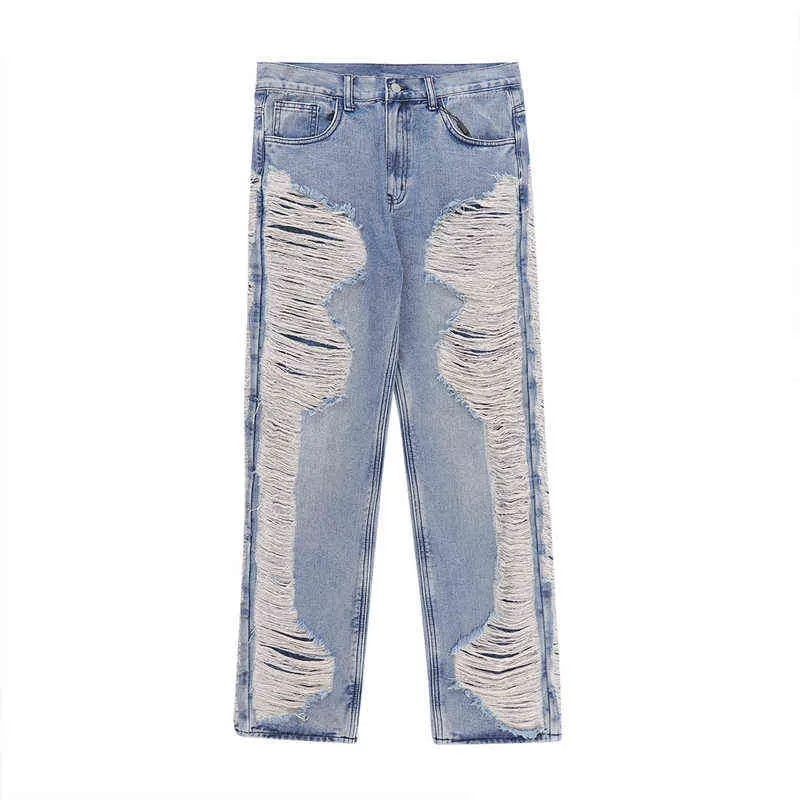 High Street Rubed w trudnej sytuacji Umyjane Blue Hole Męskie spodnie dżinsowe proste retro kieszenie na harajuku workowate swobodne spodnie dżinsowe T220803