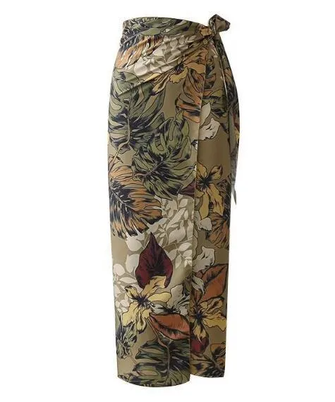 Sexy Flower Leaves Print Bow Tie Sashes Wrap Skirt Vintage Women High Waist Slim Fit Mid-Calf Long Pencil Skirts Holiday 220317