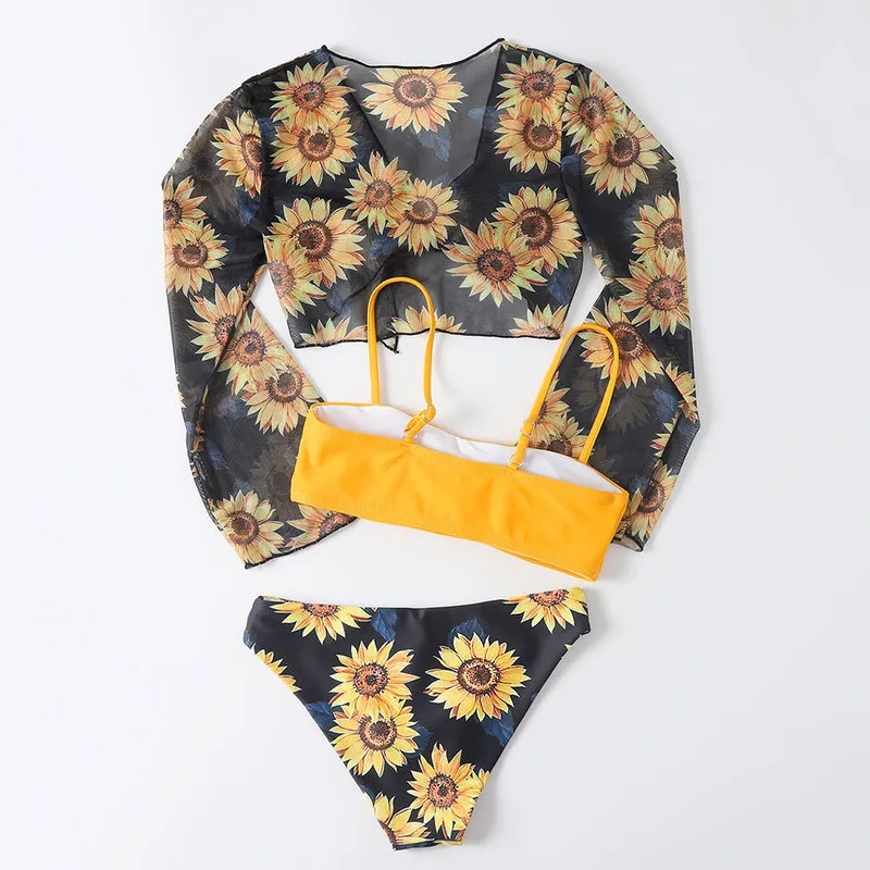 Costume da bagno ragazza 3 pezzi con stampa Sun Flower bambini con copertura 7-14 anni Costume da bagno a fascia bambini Costumi da bagno adolescenti