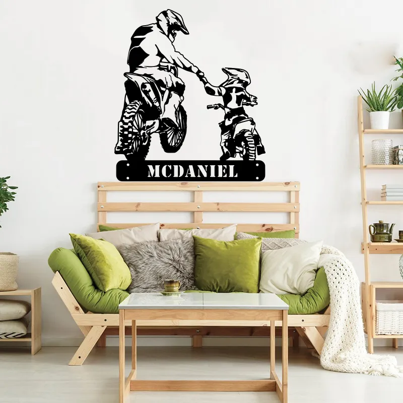 Nom personnalisé moto moto autocollant mural enfants père motocross autocollant mural salle de jeux chambre vinyle décor à la maison