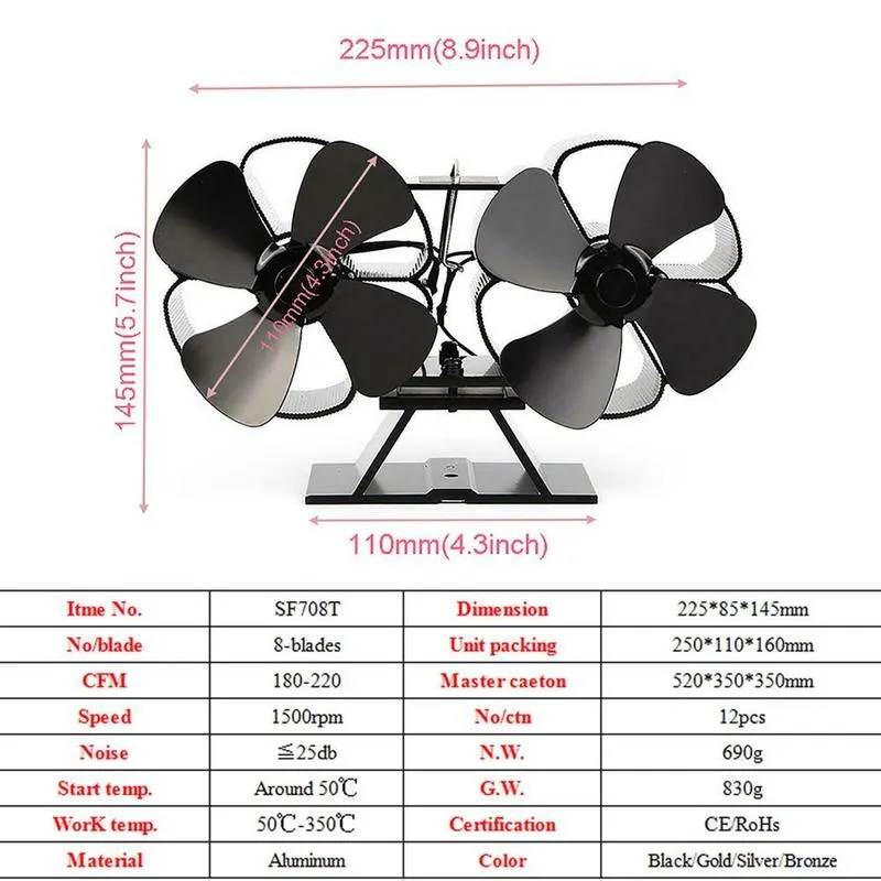 Double Headed Pise Pise 4 Blades Heat Powered Spise Fan Log Wood Eco Friendly Home Efficient Distribution 220505