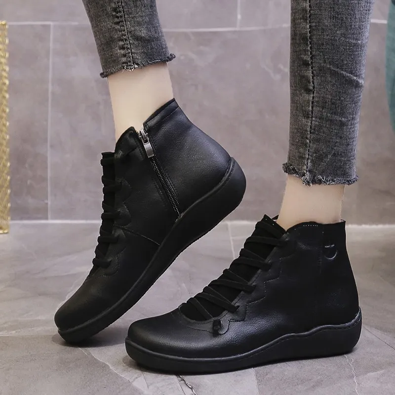 Womens PU Leather Ankle Boots Women Autumn Winter Cross Strappy Vintage Punk Boots Flat Ladies Shoes Woman Botas Mujer 220815