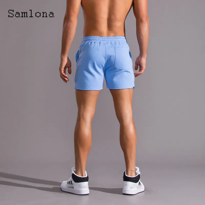 Samlona Men Leisure Shorts Summer Sexy Lace up Skinny Plus size 3xl Male Casual Beach Short Pants Blue White 220715